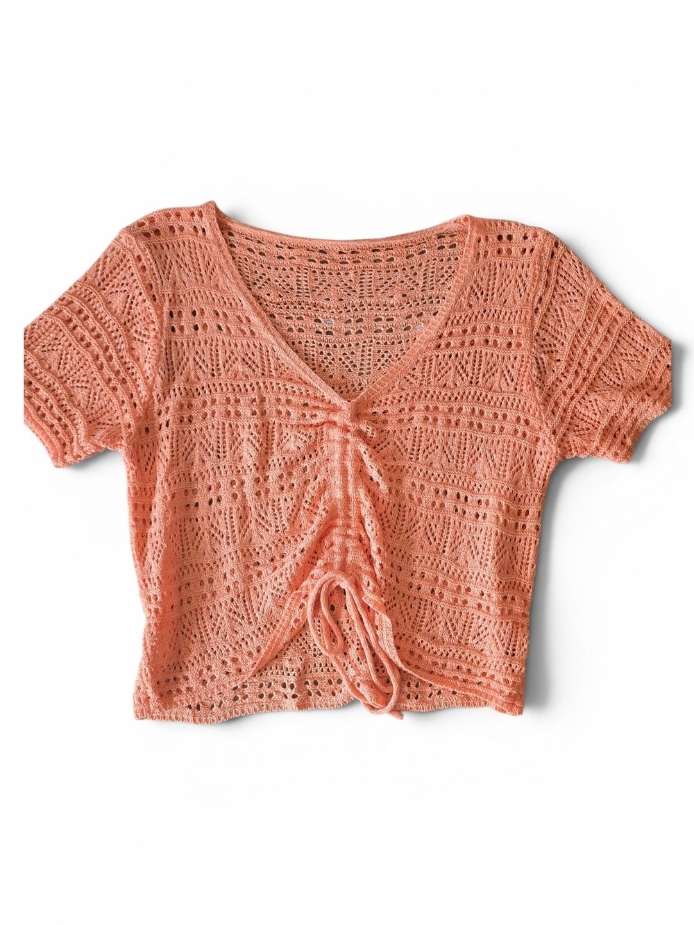 Coral Crochet Ruched V-Neck Crop Top NWOT